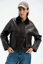 Croc Leather Jacket with Corduroy Collar
