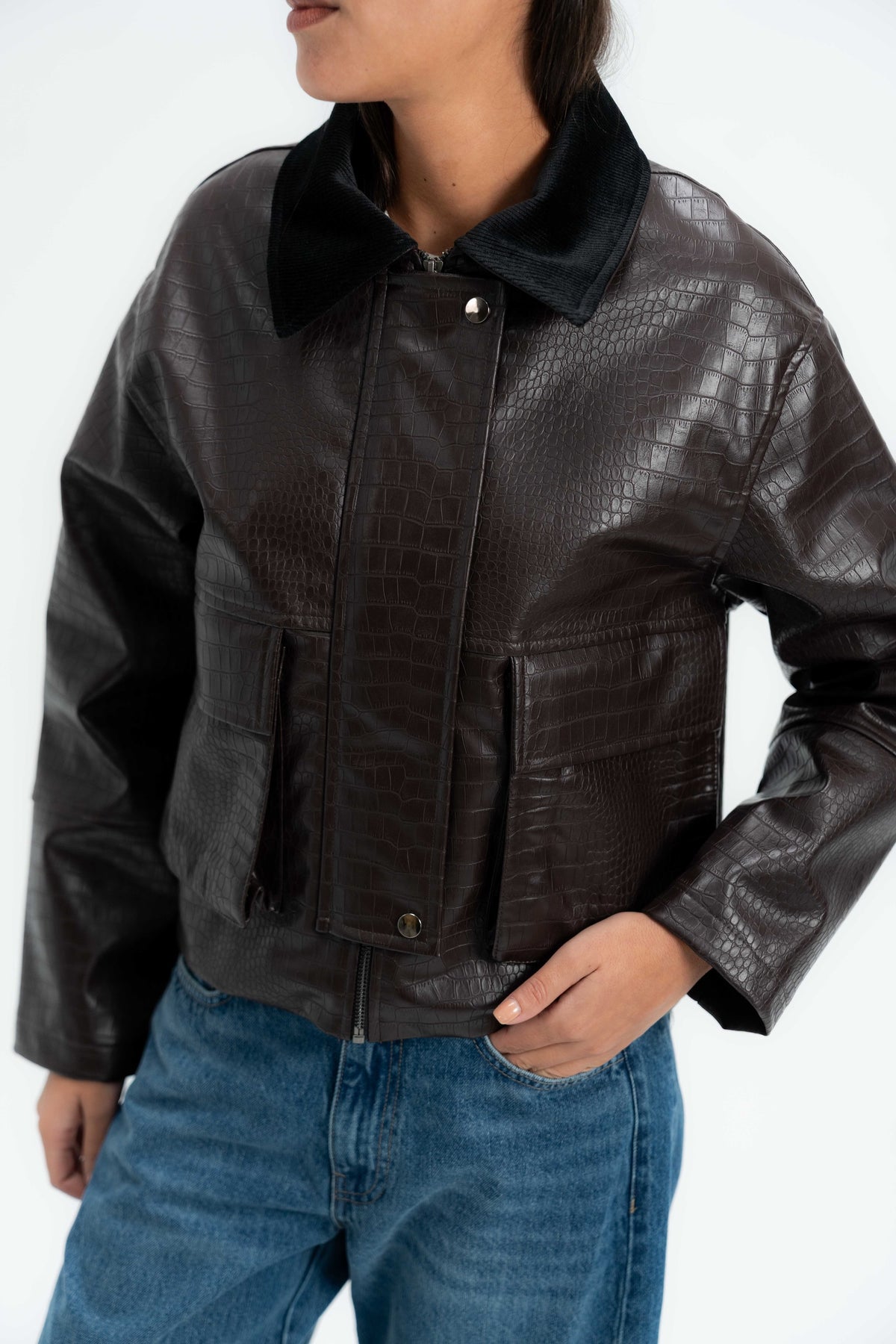 Croc Leather Jacket with Corduroy Collar