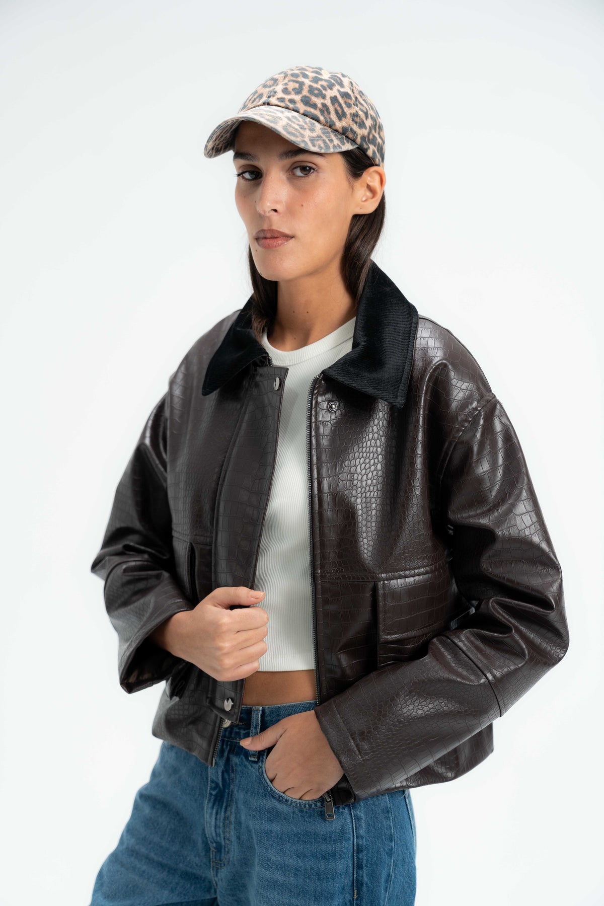 Croc Leather Jacket with Corduroy Collar