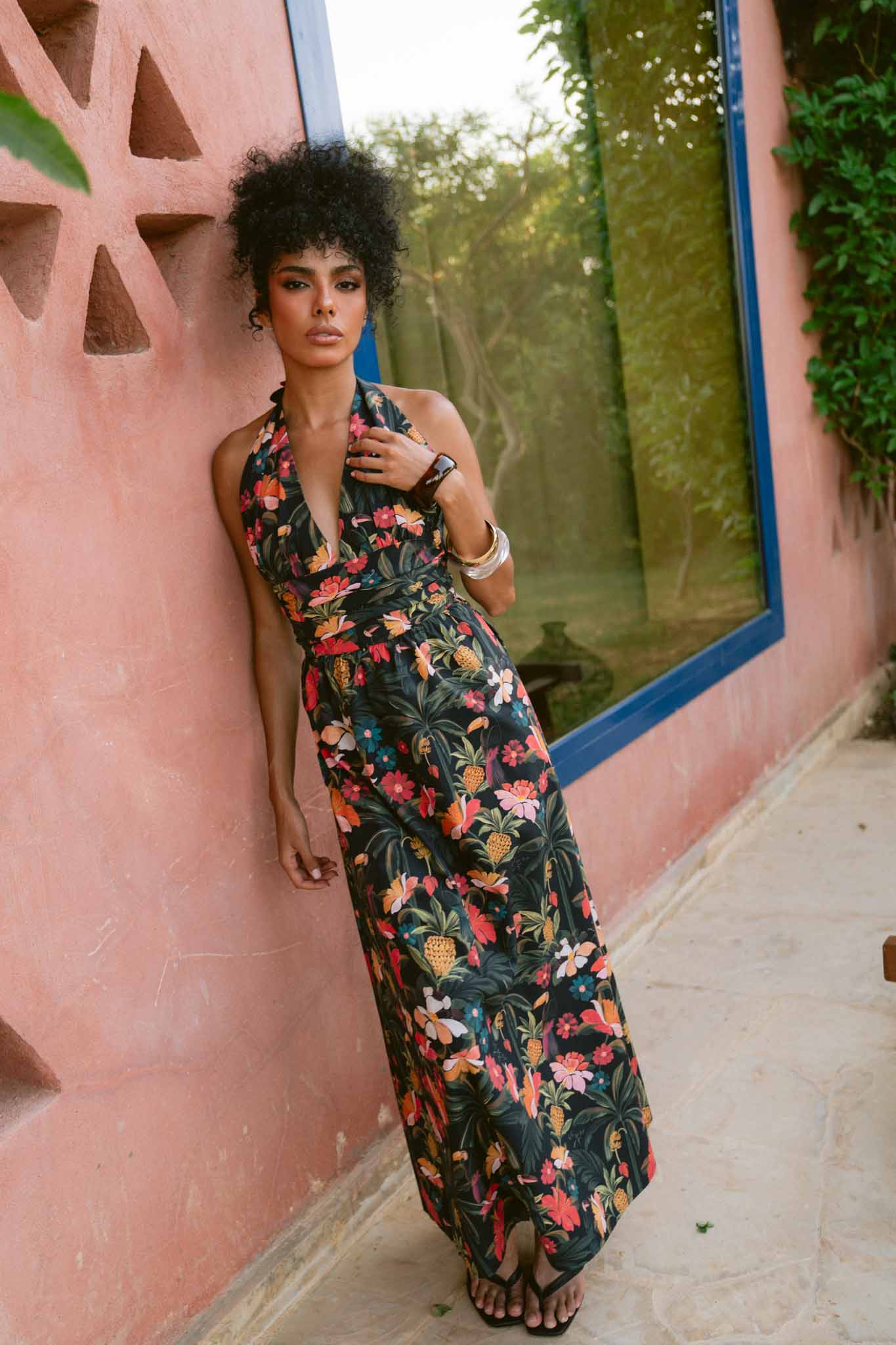 Toucan Tropics Deep V Halter Poplin Dress