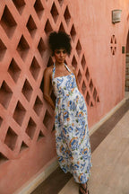 Blue Peony Halter Neck Linen Dress